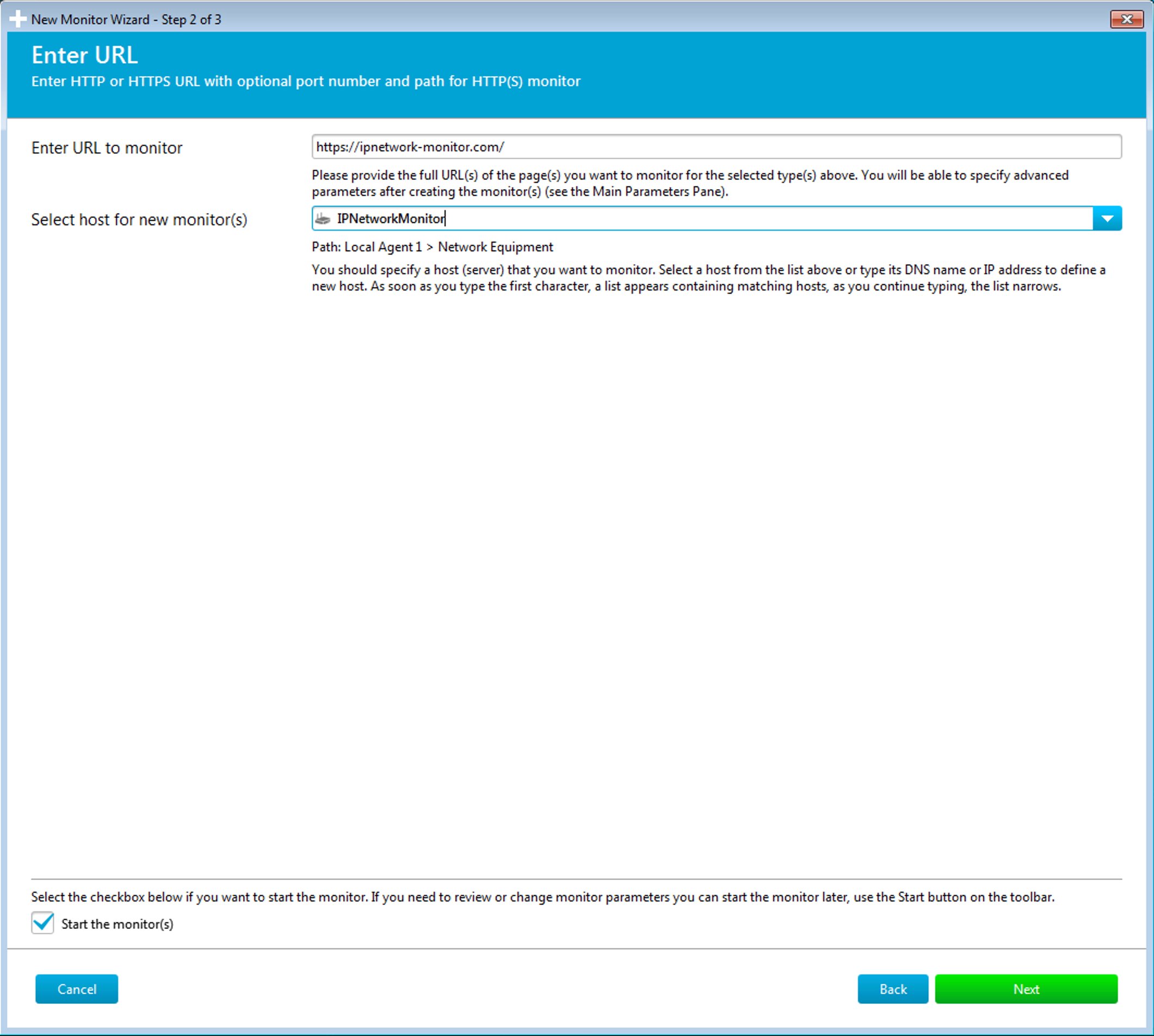 Wizard step 2 - Enter URL and select host