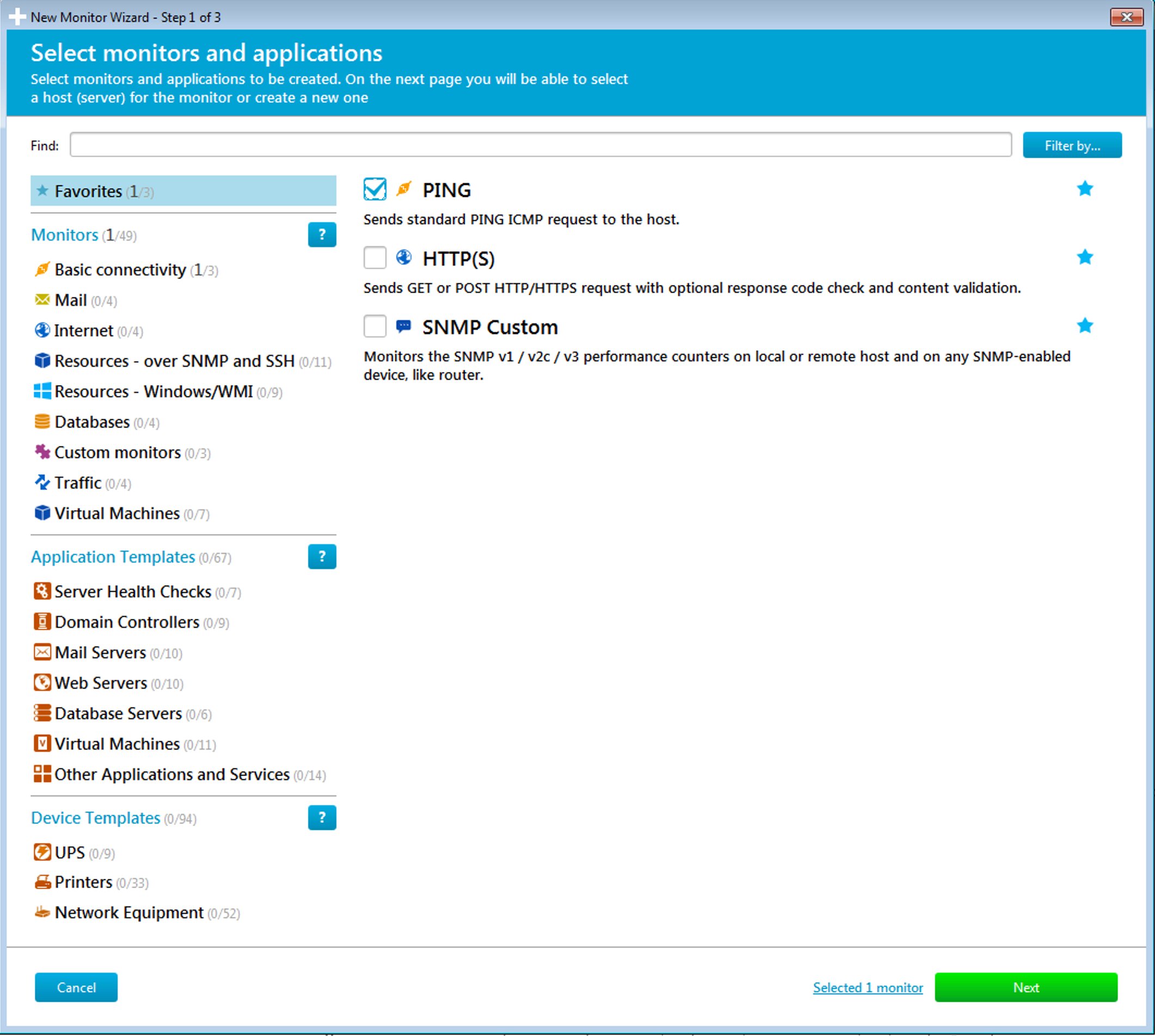 Wizard step 1 - Select PING monitor