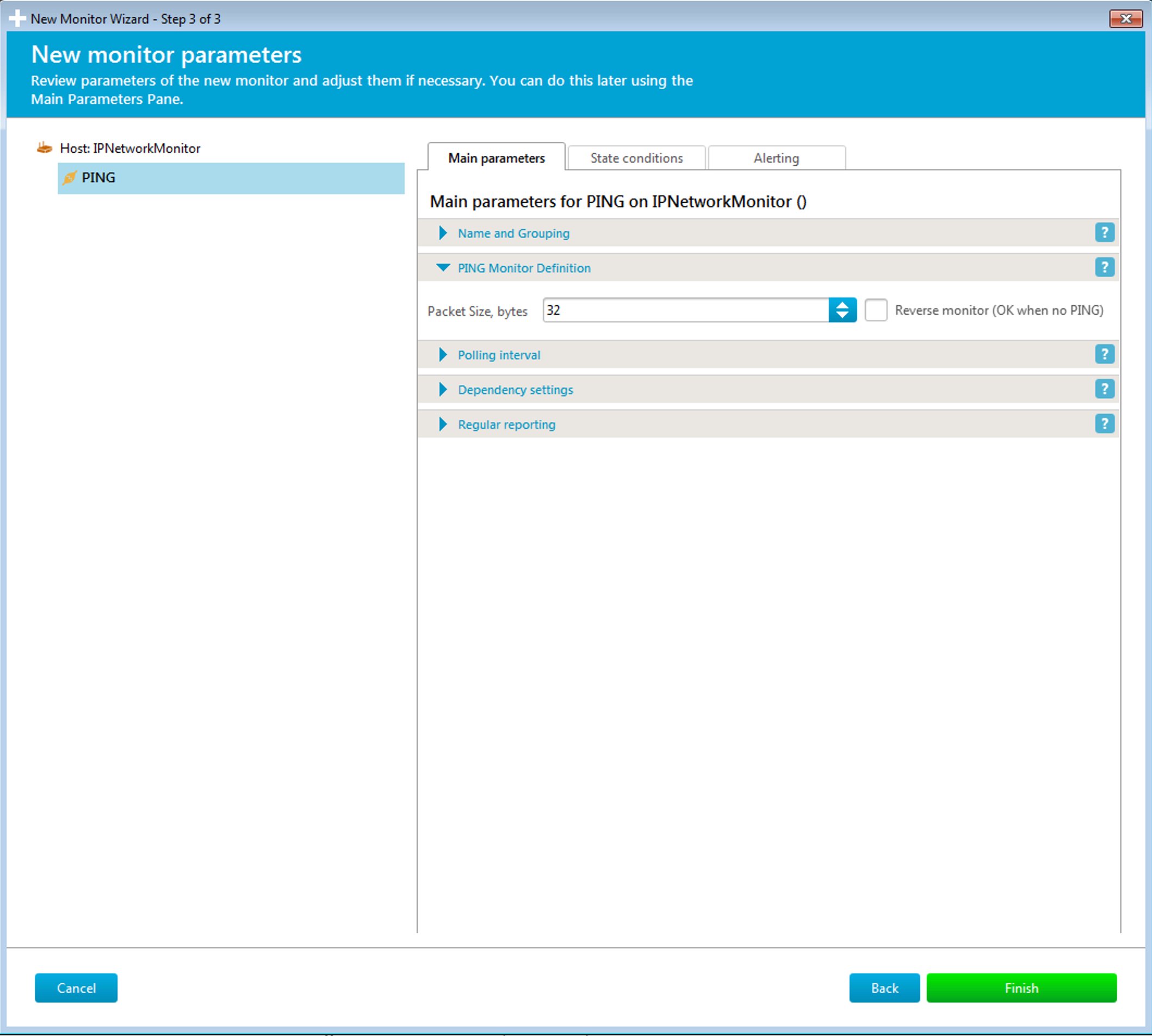 Wizard step 3 - PING monitor parameters