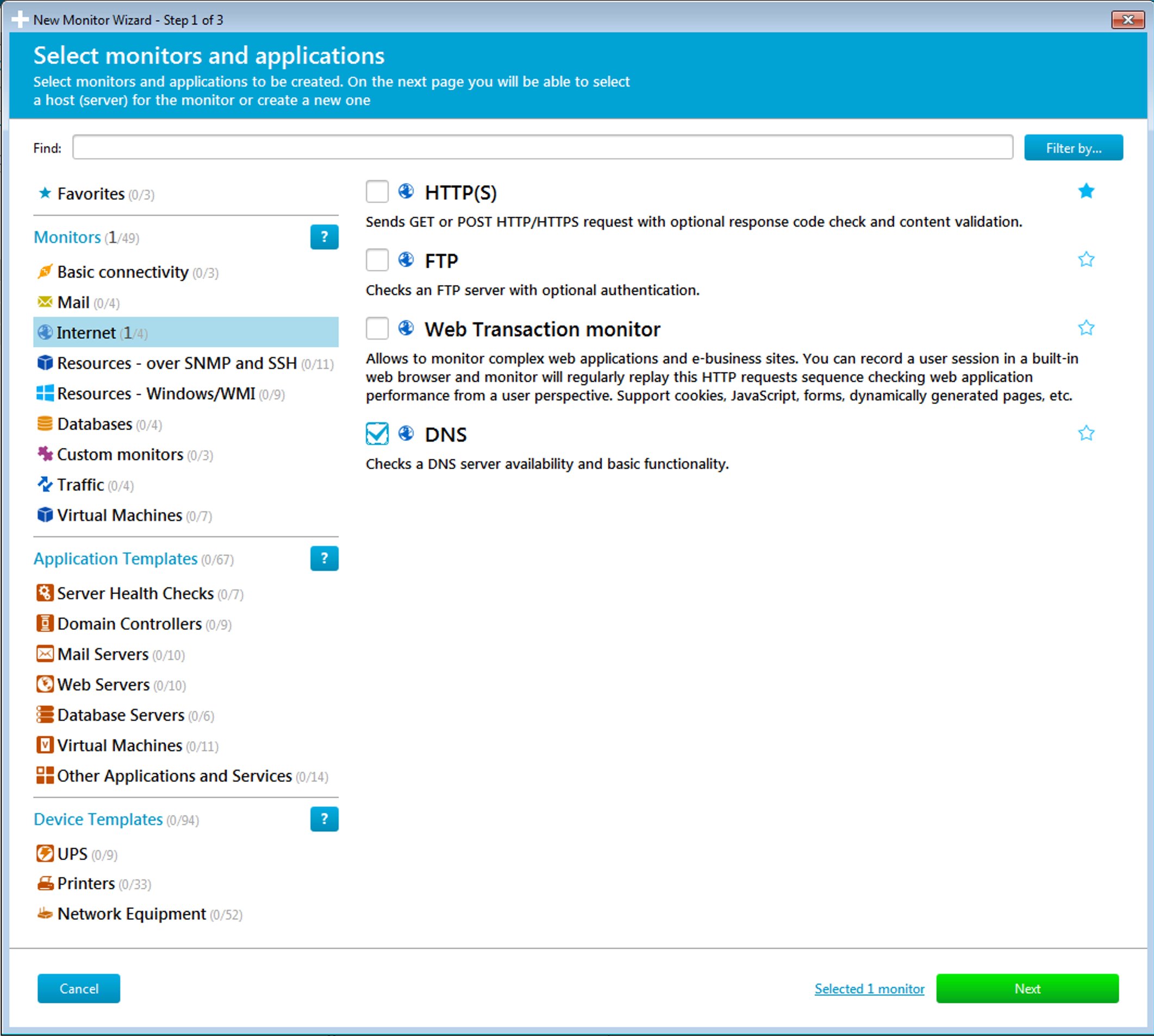 Wizard step 1 - Select DNS monitor