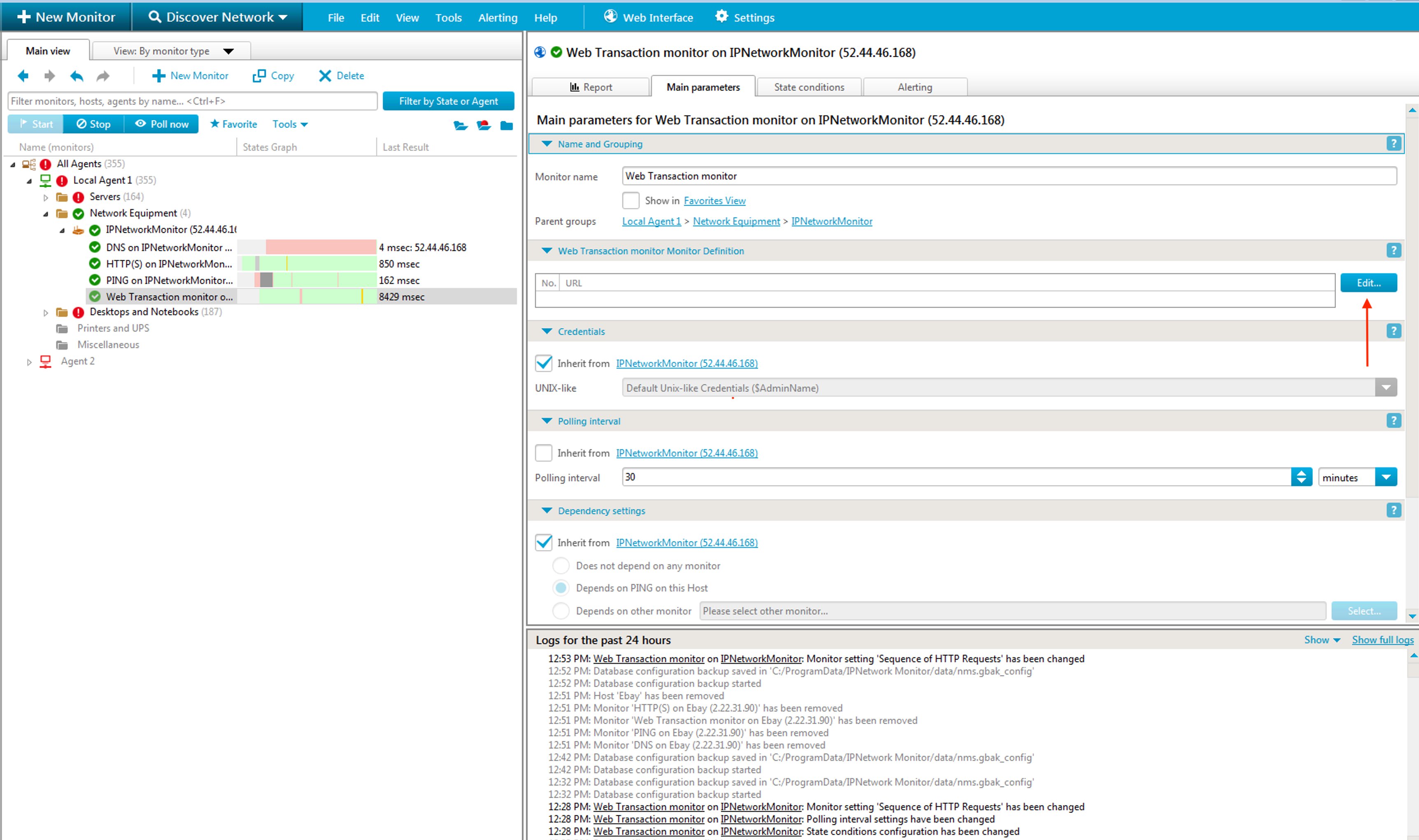 WTM main parameters - Edit button opens the request editor