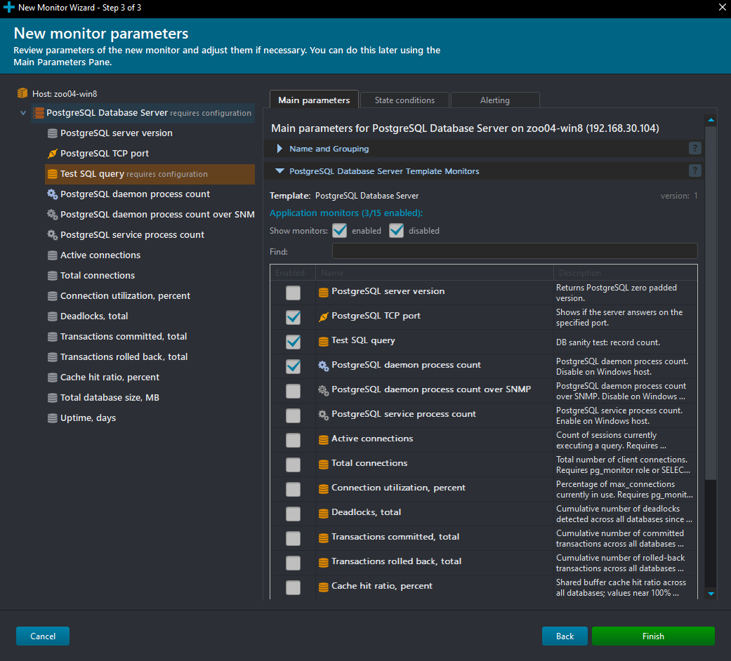 PostgreSQL monitor template in New Monitor Wizard